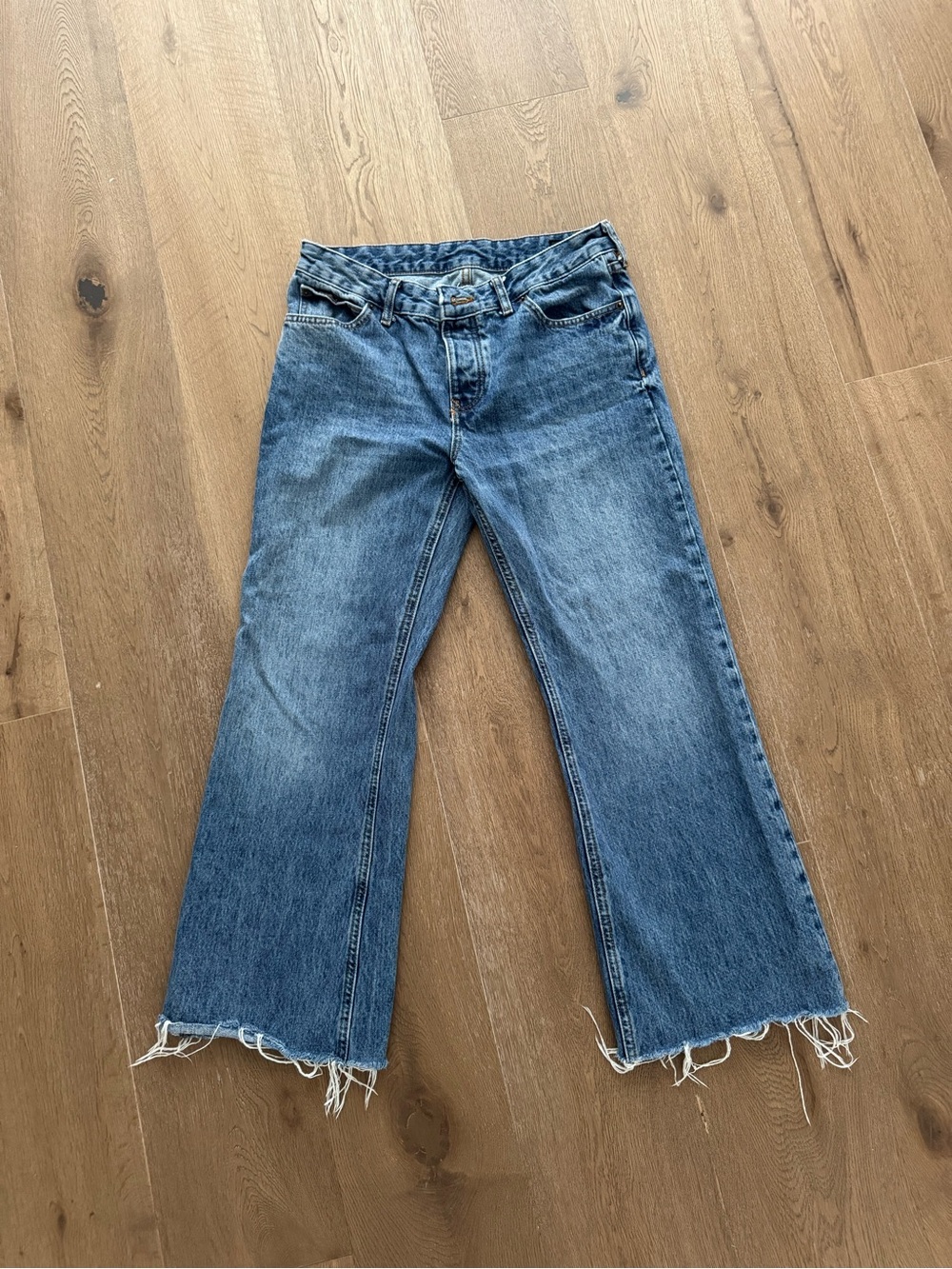 Zara Light Blue Frayed Wide-Leg Jeans